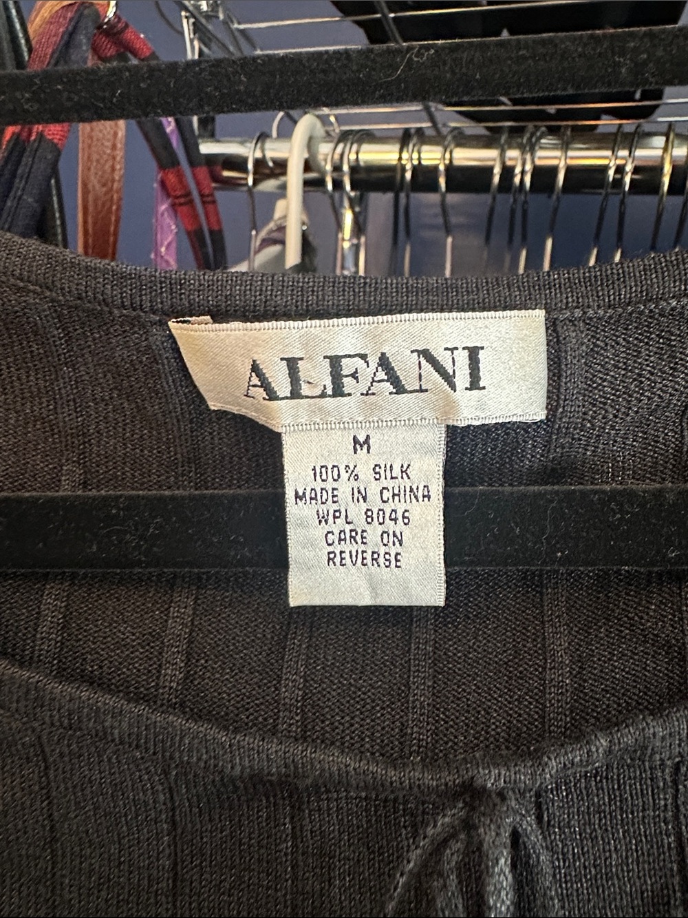 Alfani 100% Silk Black Ribbed Short-Sleeve Top with Front Tie - Picture 2 of 5